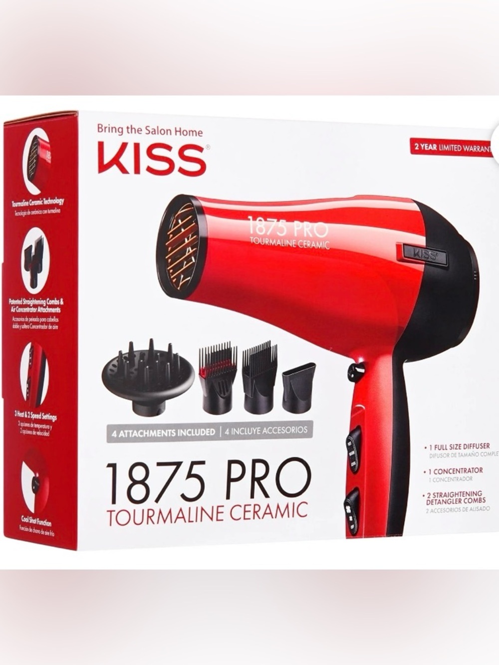 Kiss 1875 Pro Tourmaline Ceramic Hair Dryer - Red and Black